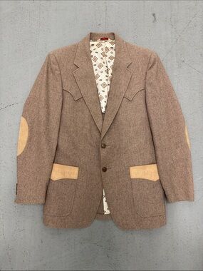 VTG 70s Western Men's Brown Wool Blend Sport Coat with Tan Elbow Patches Size M